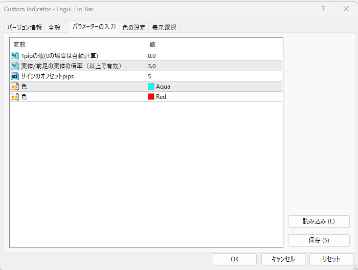 MT4 エンゴルフィンバー　設定